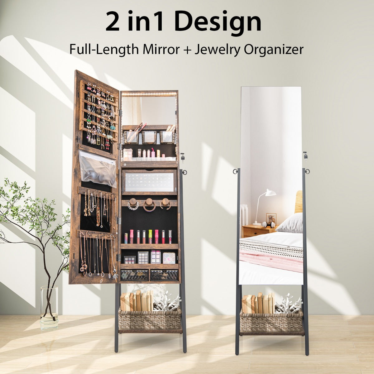 Lockable Floor Jewelry Cabinet with Full-Length Mirror &amp; LED Lights-Brown