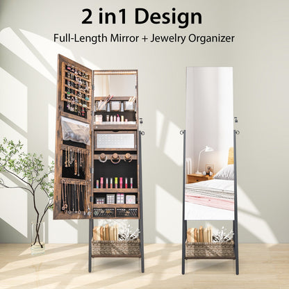 Lockable Floor Jewelry Cabinet with Full-Length Mirror &amp; LED Lights-Brown