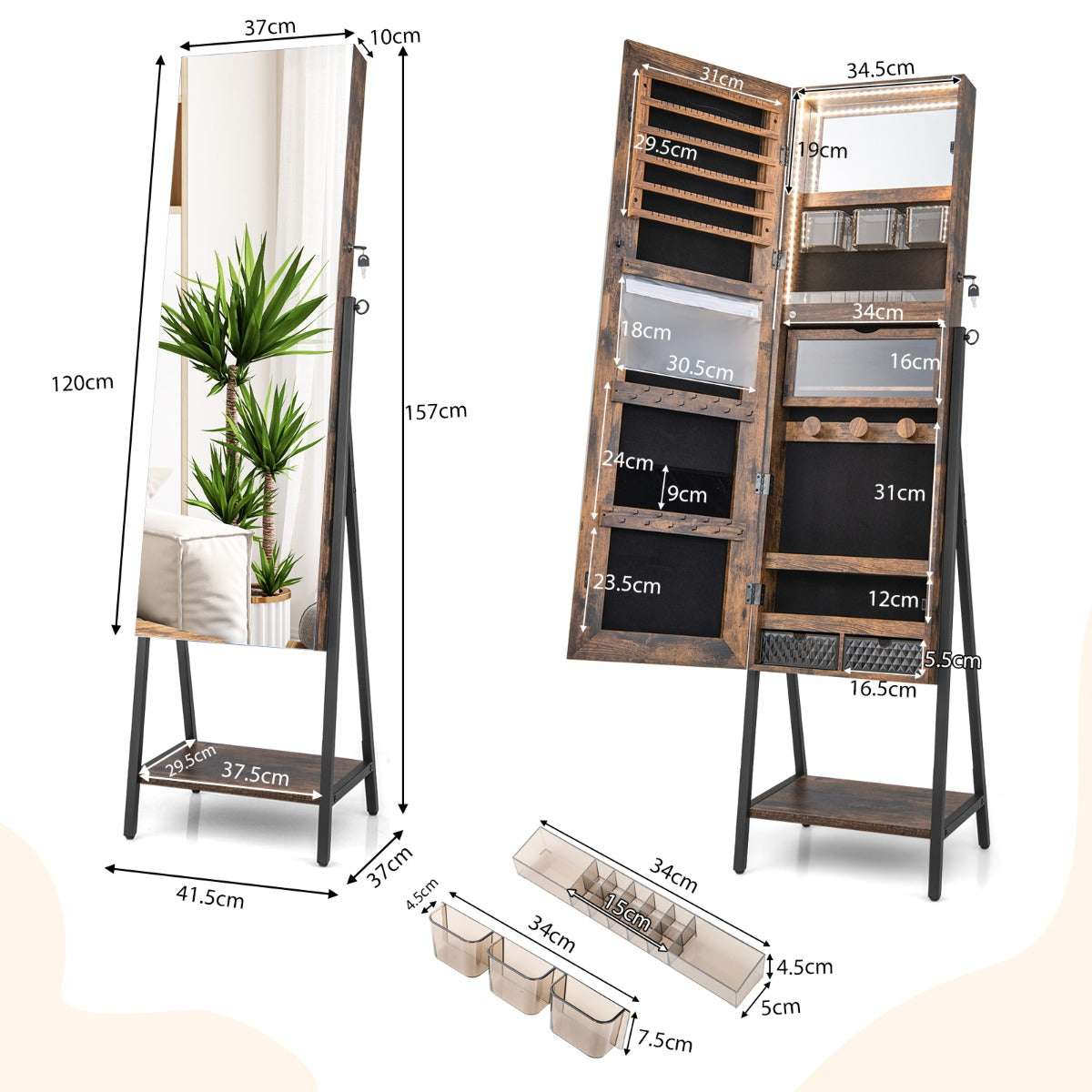 Lockable Floor Jewelry Cabinet with Full-Length Mirror &amp; LED Lights-Brown