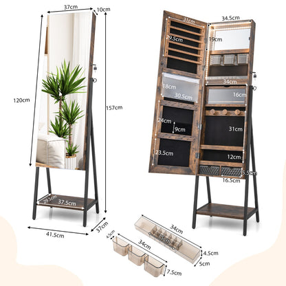 Lockable Floor Jewelry Cabinet with Full-Length Mirror &amp; LED Lights-Brown