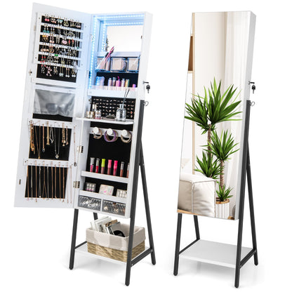 Lockable Floor Jewelry Cabinet with Full-Length Mirror &amp; LED Lights-White