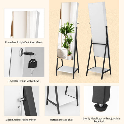Lockable Floor Jewelry Cabinet with Full-Length Mirror &amp; LED Lights-White