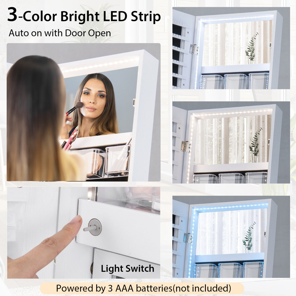Lockable Floor Jewelry Cabinet with Full-Length Mirror &amp; LED Lights-White