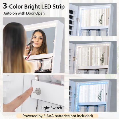 Lockable Floor Jewelry Cabinet with Full-Length Mirror &amp; LED Lights-White