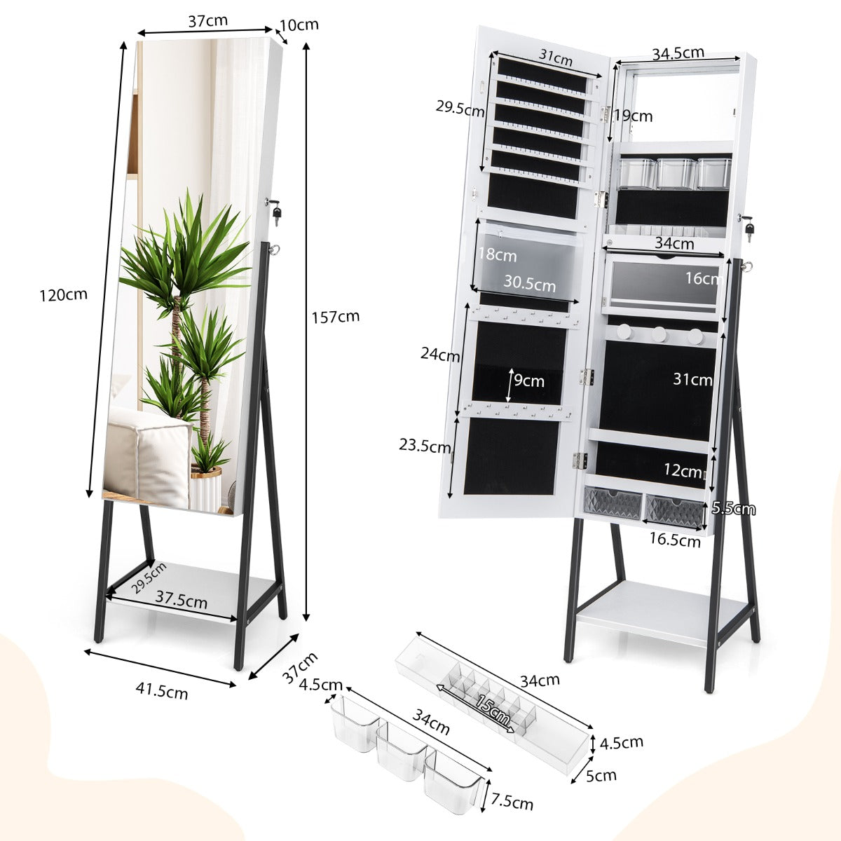 Lockable Floor Jewelry Cabinet with Full-Length Mirror &amp; LED Lights-White