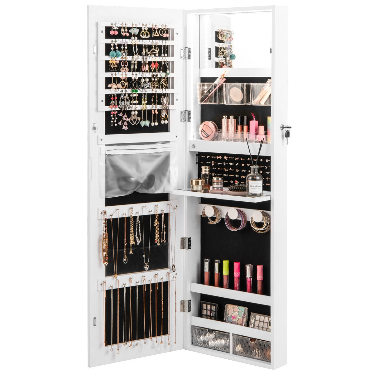 Lockable Mirror Jewelry Cabinet with 3-Colour LED Light-White