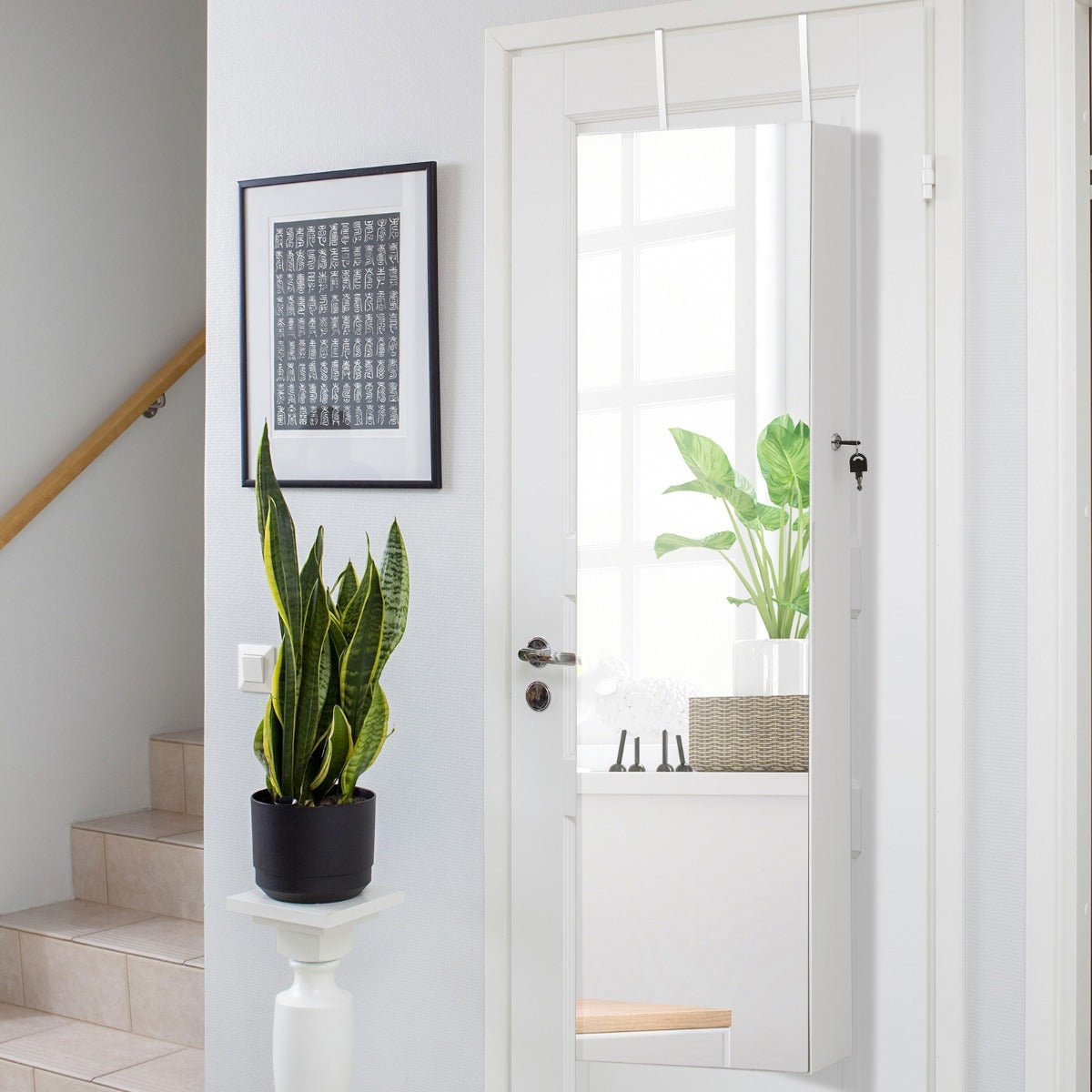 Lockable Mirror Jewelry Cabinet with 3-Colour LED Light-White