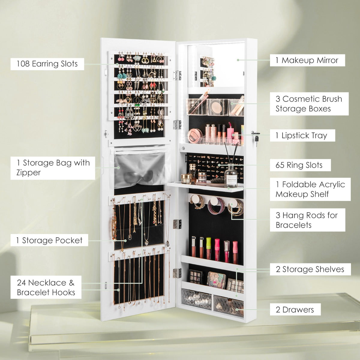 Lockable Mirror Jewelry Cabinet with 3-Colour LED Light-White