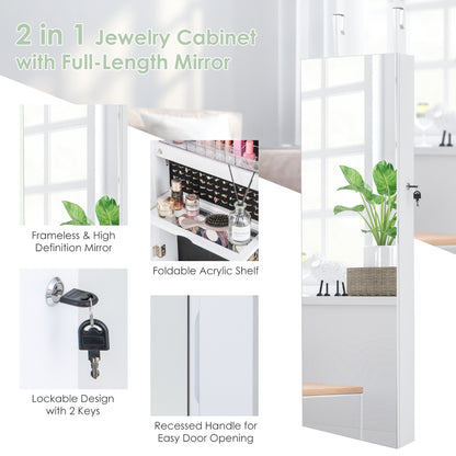 Lockable Mirror Jewelry Cabinet with 3-Colour LED Light-White