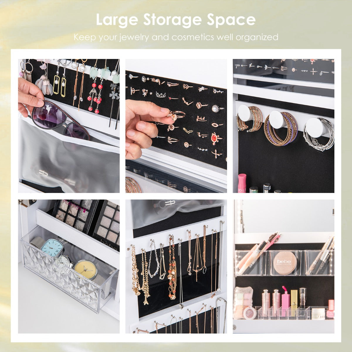 Lockable Mirror Jewelry Cabinet with 3-Colour LED Light-White