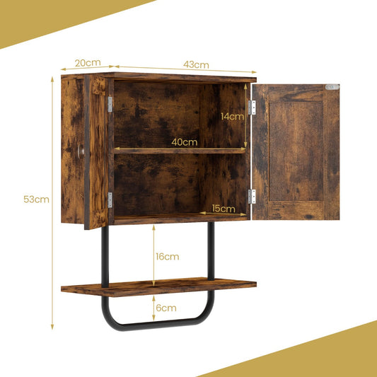 White wall-mounted bathroom cabinet with two doors, an inner shelf, open shelf and metal towel bar
