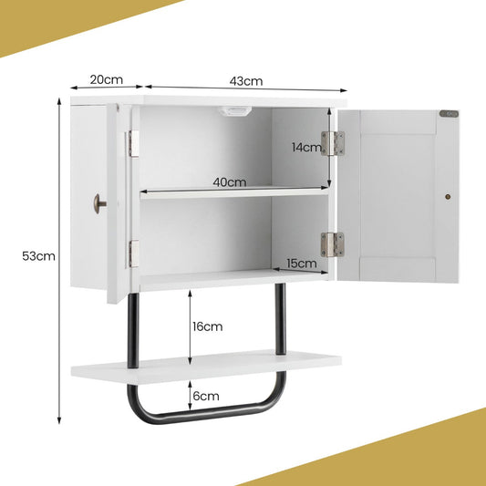 Modern white wall cabinet with two doors, interior shelves, open shelf and metal towel bar