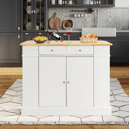 Kitchen Island with Drop Leaf Countertop and 3-Level Adjustable Shelves-White