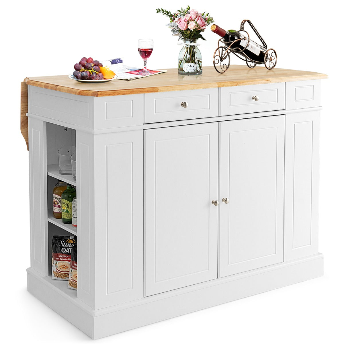 Kitchen Island with Drop Leaf Countertop and 3-Level Adjustable Shelves-White