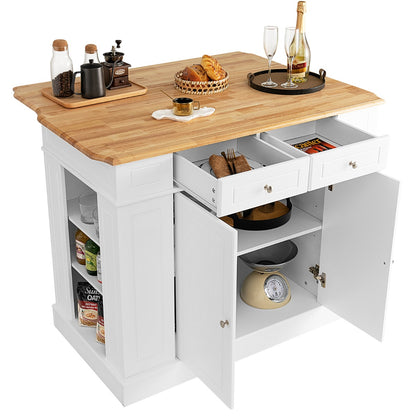 Kitchen Island with Drop Leaf Countertop and 3-Level Adjustable Shelves-White