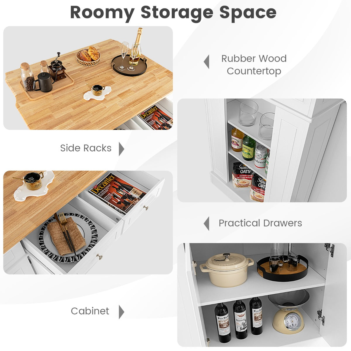 Kitchen Island with Drop Leaf Countertop and 3-Level Adjustable Shelves-White