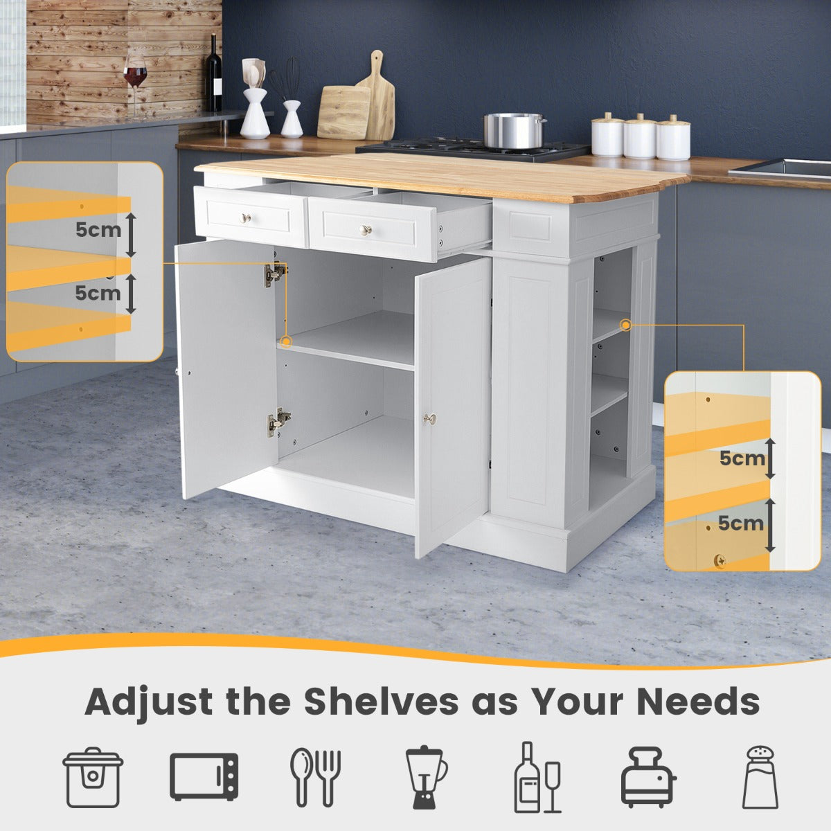 Kitchen Island with Drop Leaf Countertop and 3-Level Adjustable Shelves-White