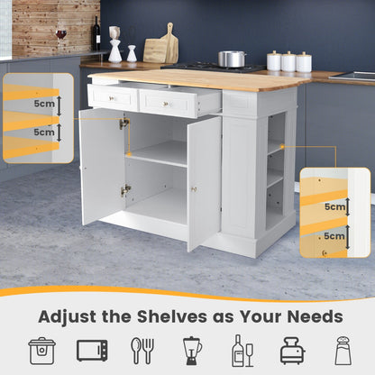 Kitchen Island with Drop Leaf Countertop and 3-Level Adjustable Shelves-White
