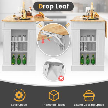 Kitchen Island with Drop Leaf Countertop and 3-Level Adjustable Shelves-White