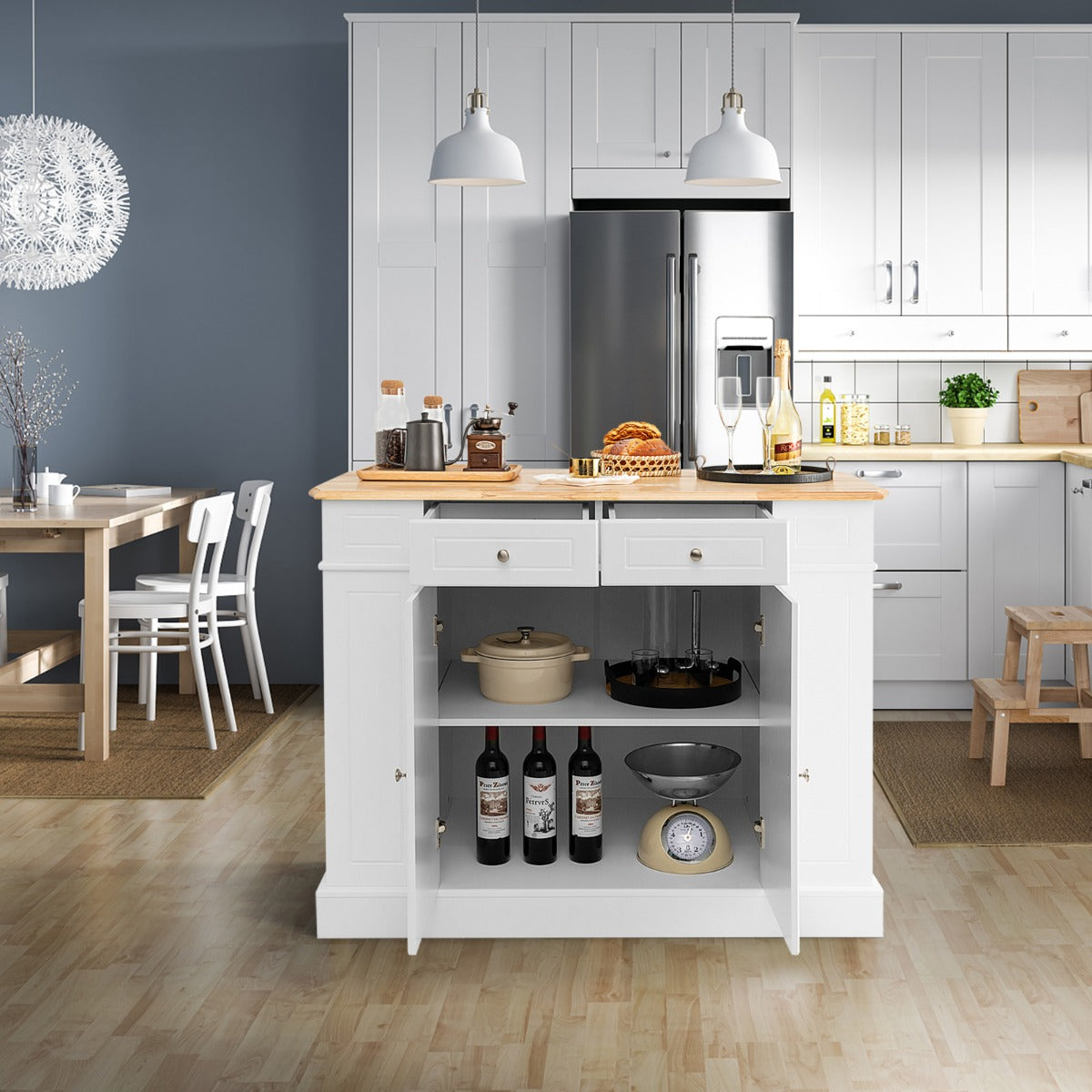 Kitchen Island with Drop Leaf Countertop and 3-Level Adjustable Shelves-White