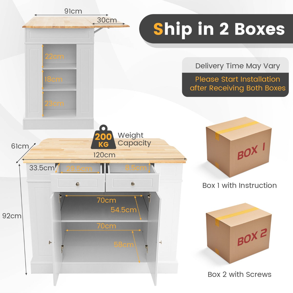 Kitchen Island with Drop Leaf Countertop and 3-Level Adjustable Shelves-White