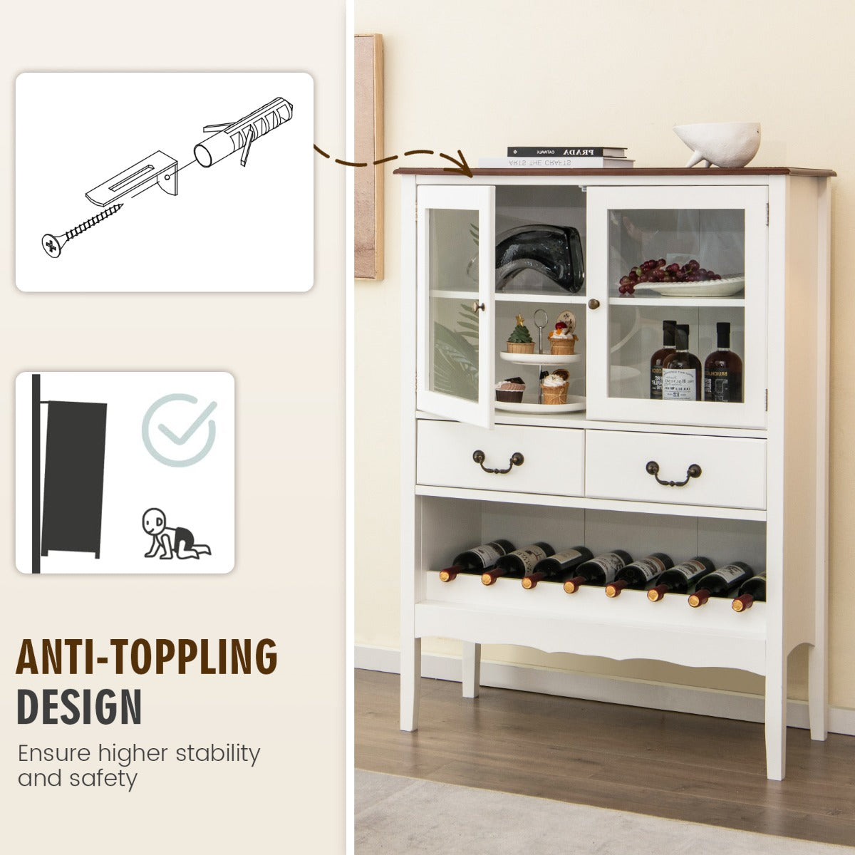 Freestanding Sideboard Buffet Cabinet with 2 Tempered Glass Doors