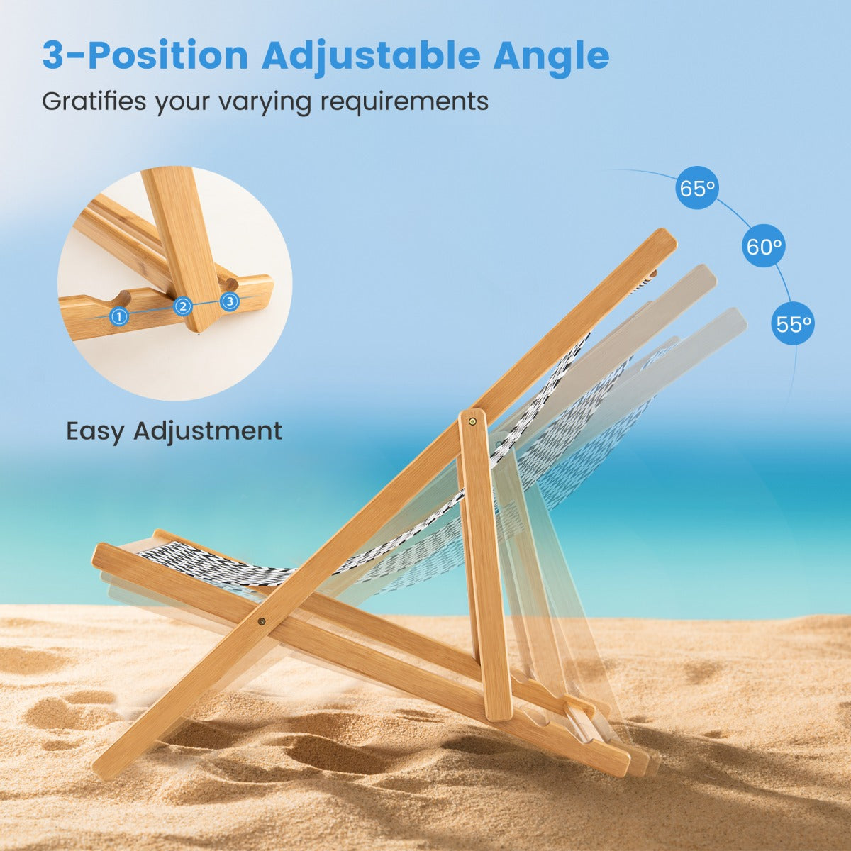 Folding Solid Wood Beach Chair with Adjustable Backrest for Outdoor