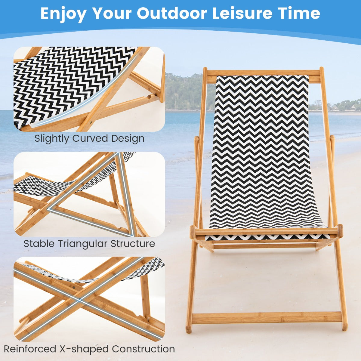 Folding Solid Wood Beach Chair with Adjustable Backrest for Outdoor