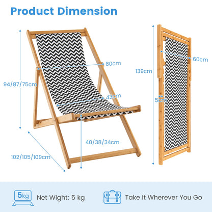 Folding Solid Wood Beach Chair with Adjustable Backrest for Outdoor
