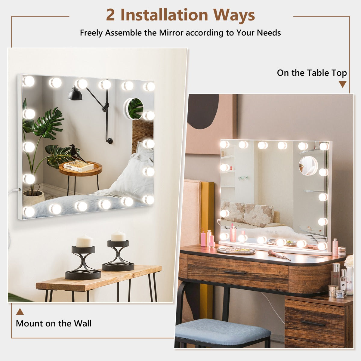 Costway Vanity Tabletop & Wall-Mounted Mirror with 18 Dimmable LED Bulbs