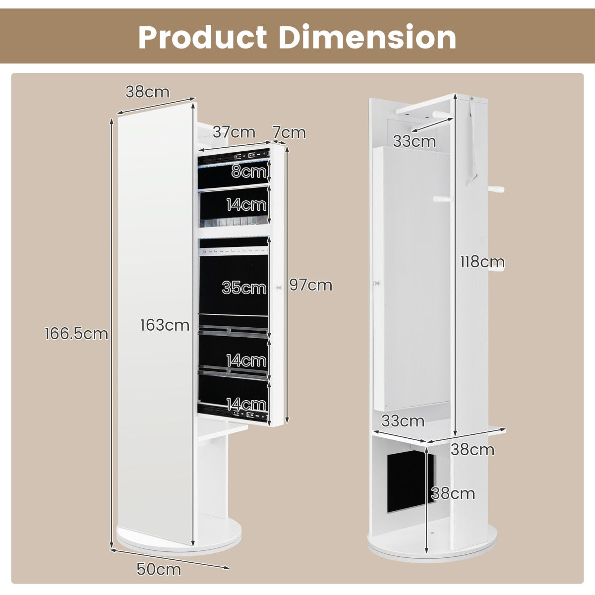 360° Swivel Jewelry Cabinet Armoire with Cosmetics Storage for Bedroom