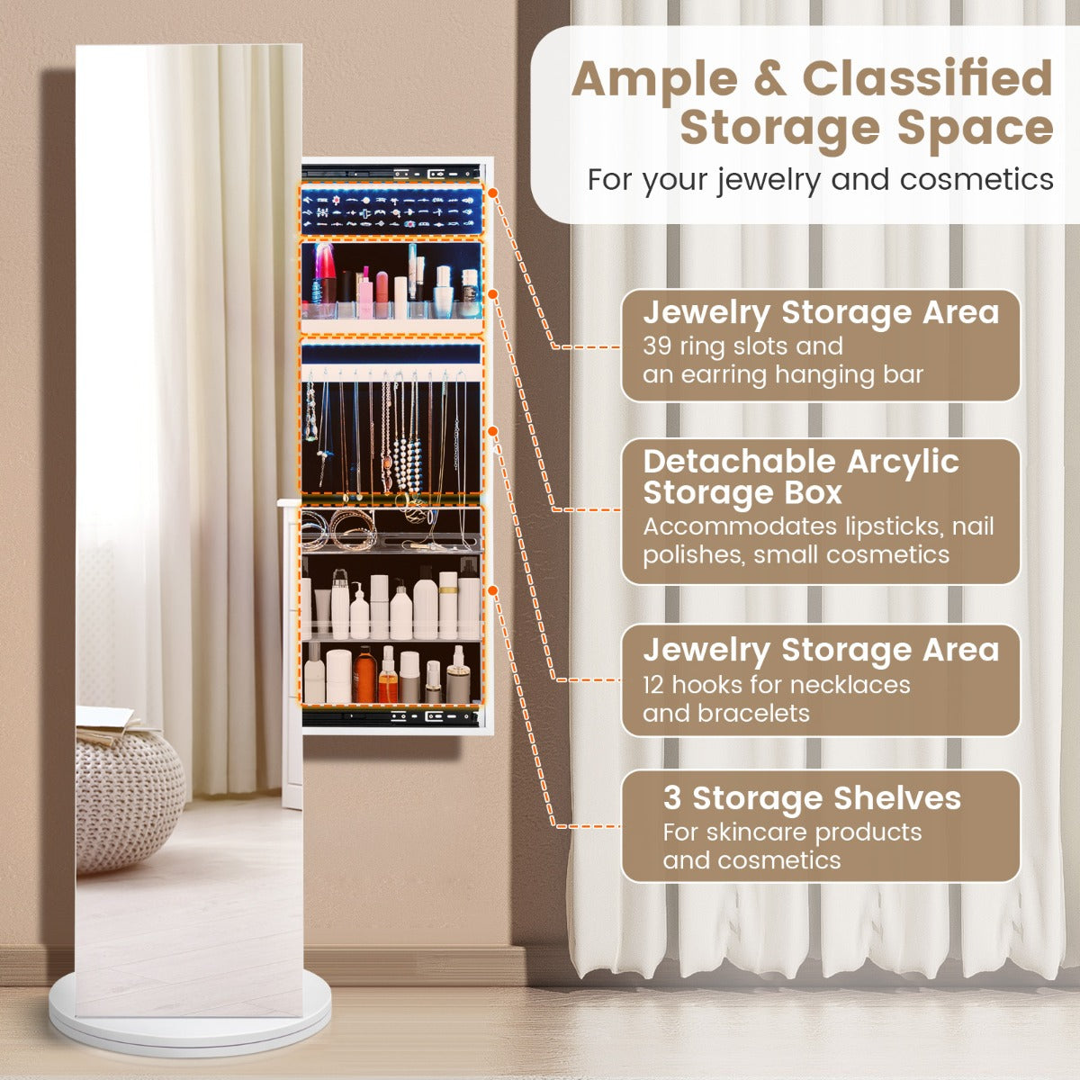 360° Swivel Jewelry Cabinet Armoire with Cosmetics Storage for Bedroom