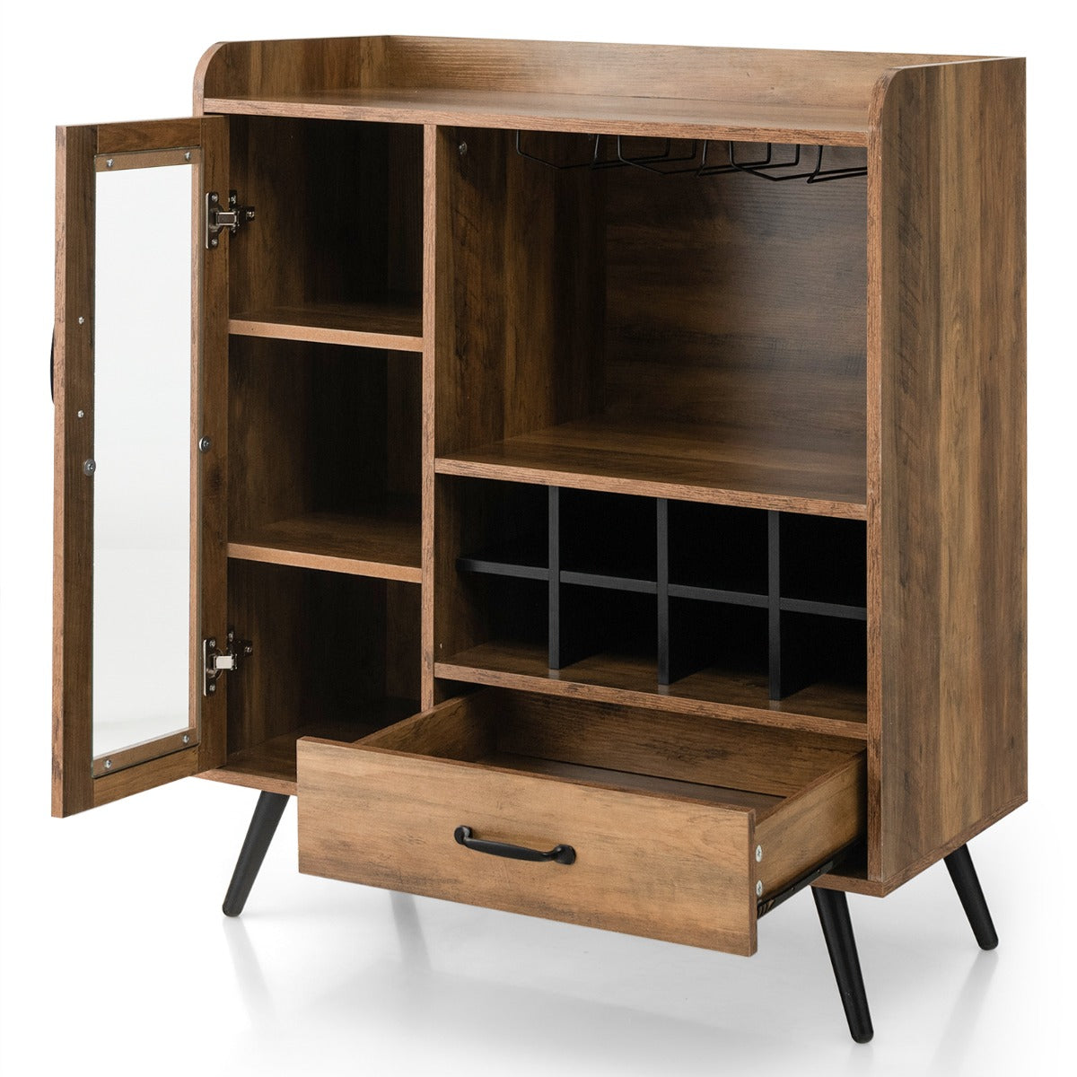 Kitchen bar cabinet with glass holder, deep drawer and multiple compartments for organized storage