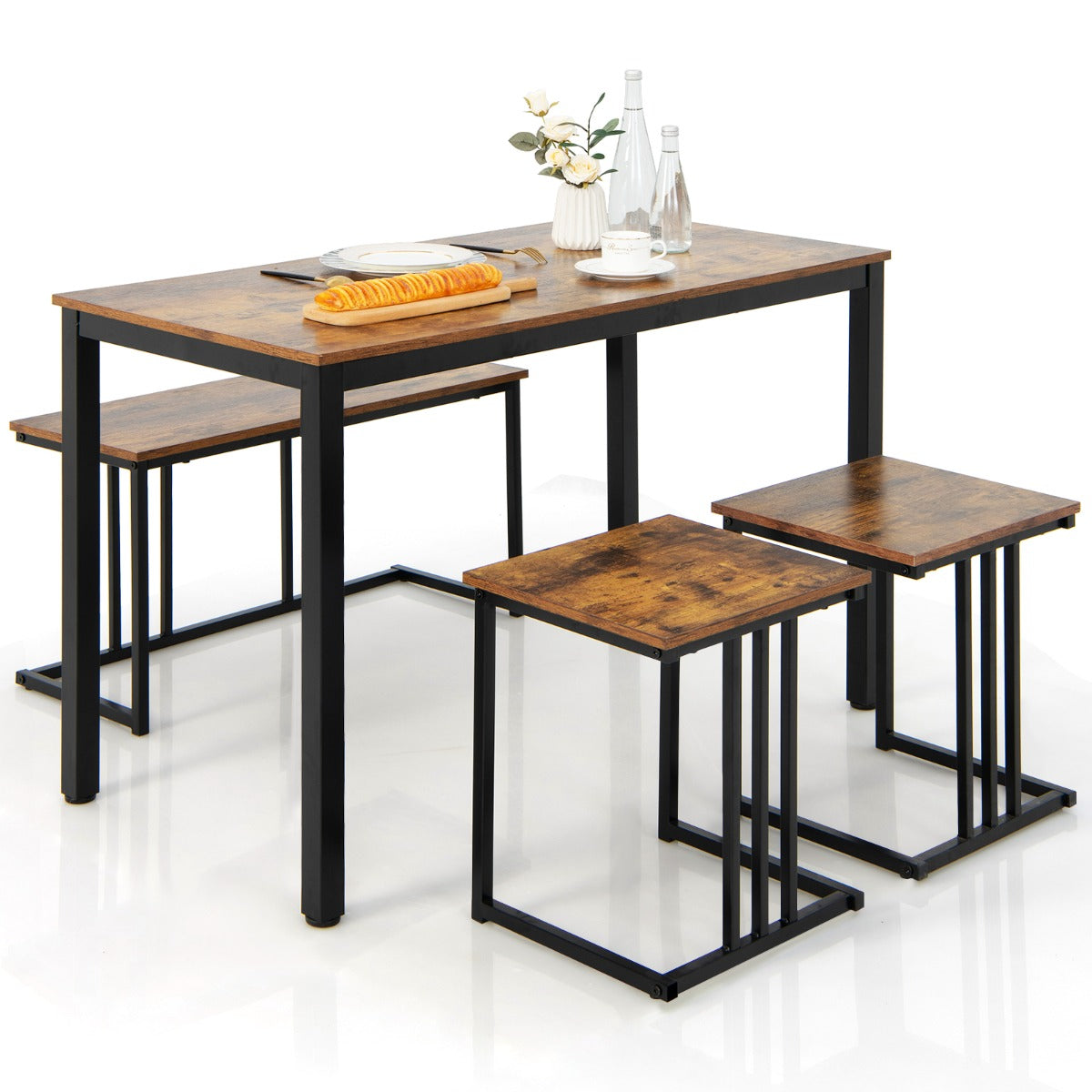 Costway 4-Piece Dining Table Set with Bench & 2 Stools for 4 Persons for Kitchen