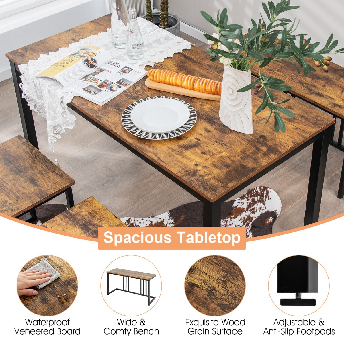 Costway 4-Piece Dining Table Set with Bench & 2 Stools for 4 Persons for Kitchen