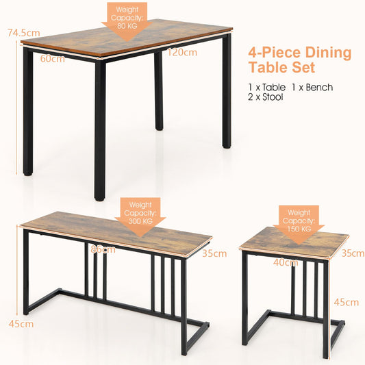 Four-piece dining table set includes a table, bench, and two stools for family meals and gatherings