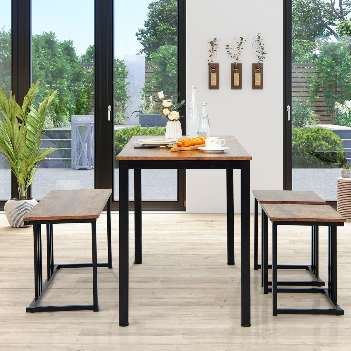 Costway 4-Piece Dining Table Set with Bench & 2 Stools for 4 Persons for Kitchen