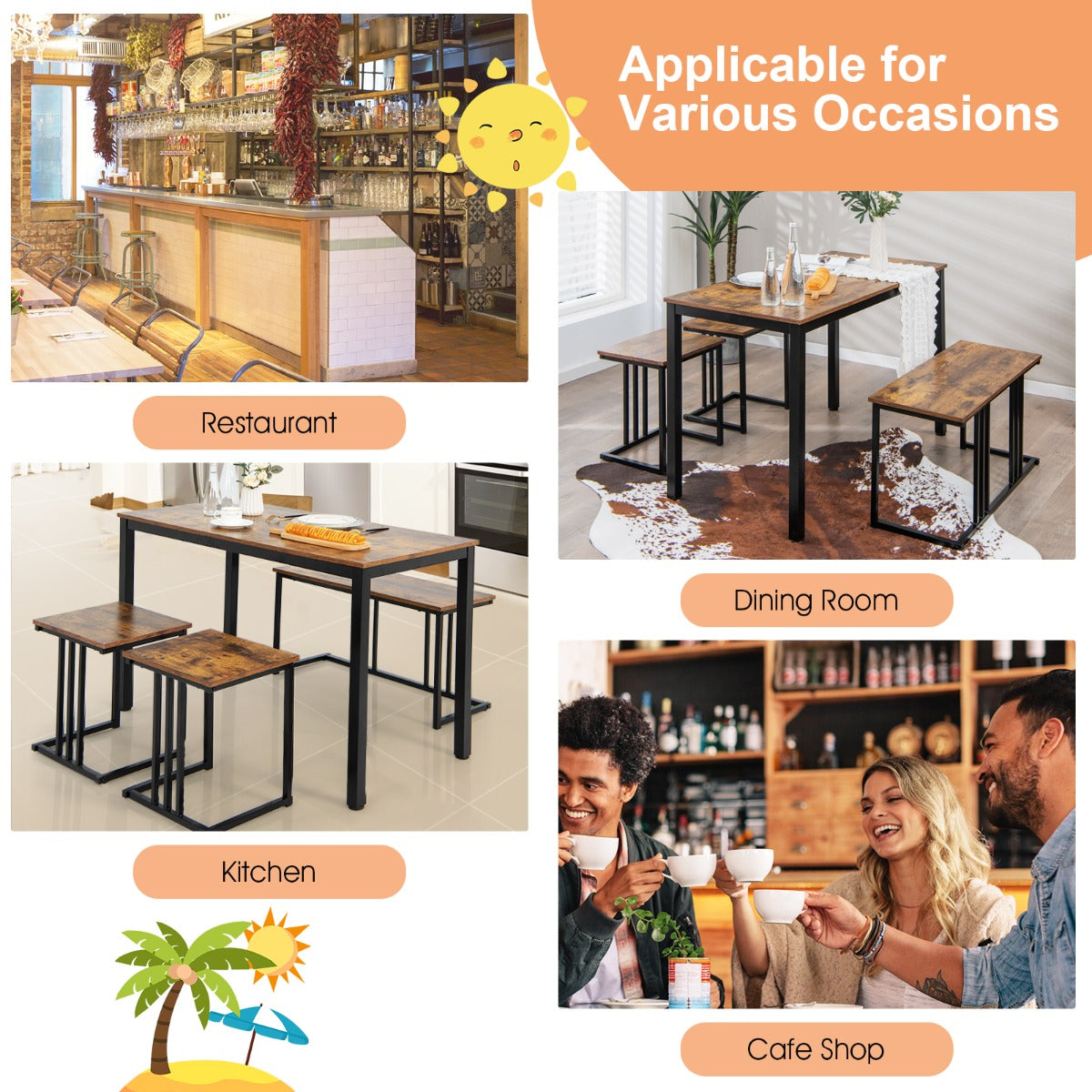 Costway 4-Piece Dining Table Set with Bench & 2 Stools for 4 Persons for Kitchen