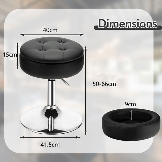 Black adjustable vanity stool with tufted PU leather seat and concealed storage compartment