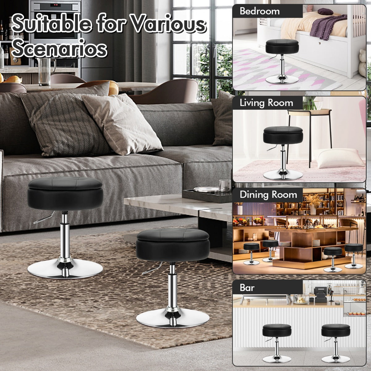 Costway 360° Swivel Adjustable Stool with PU Leather Seat-Black