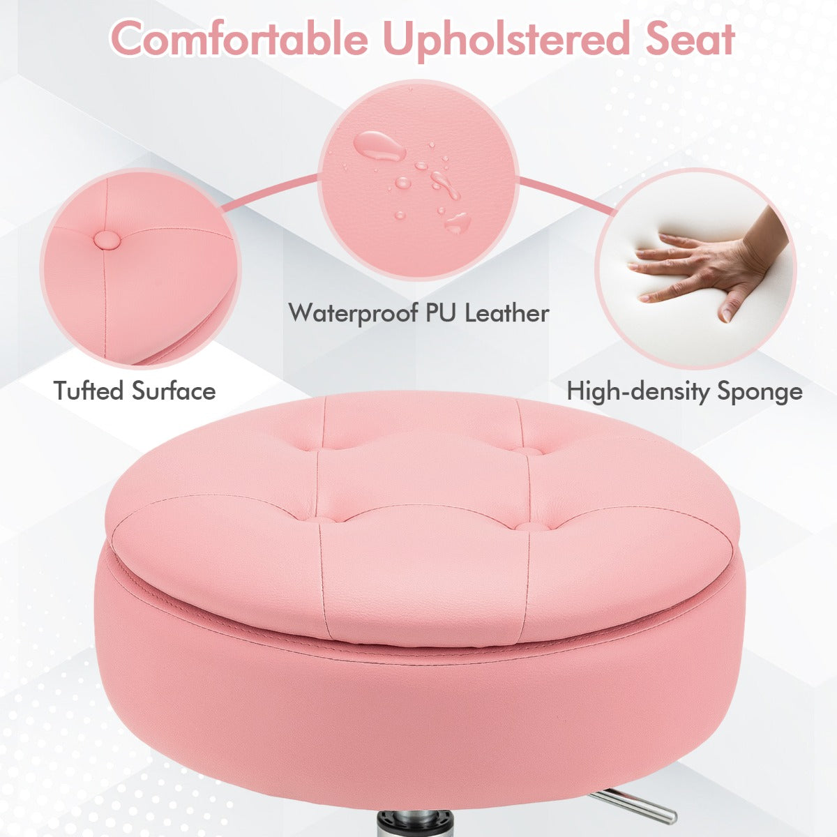 360° Swivel Adjustable Stool with PU Leather Seat-Pink