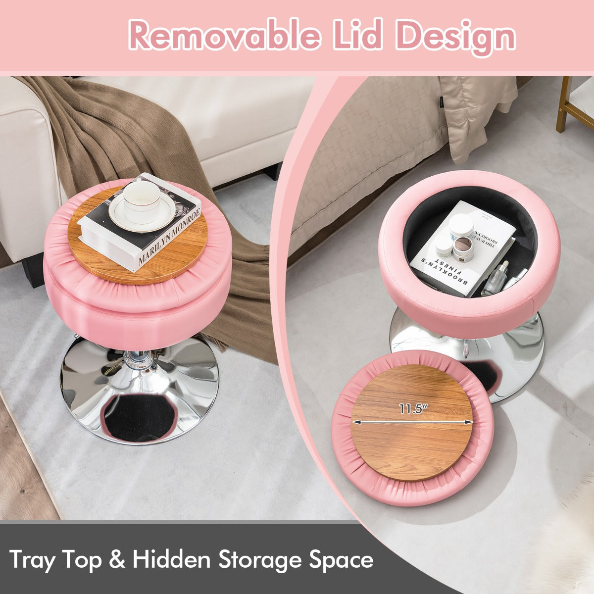 360° Swivel Adjustable Stool with PU Leather Seat-Pink