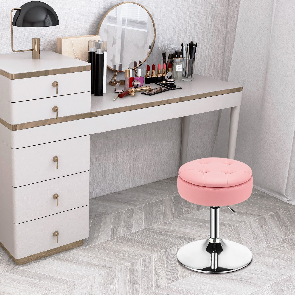 360° Swivel Adjustable Stool with PU Leather Seat-Pink