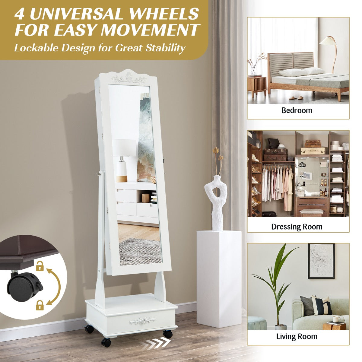 Jewellery Armoire with Full Length Mirror and Built-in LED Lights for Bedroom-White