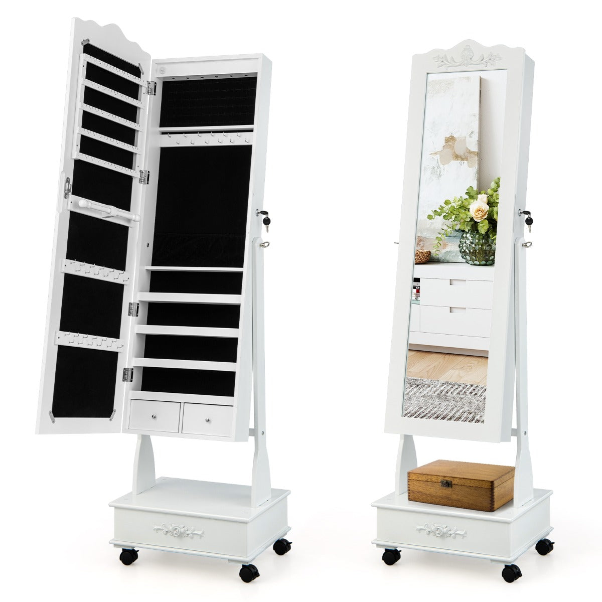 Jewellery Armoire with Full Length Mirror and Built-in LED Lights for Bedroom-White