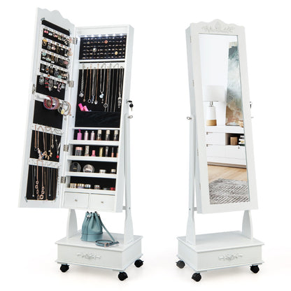 Jewellery Armoire with Full Length Mirror and Built-in LED Lights for Bedroom-White
