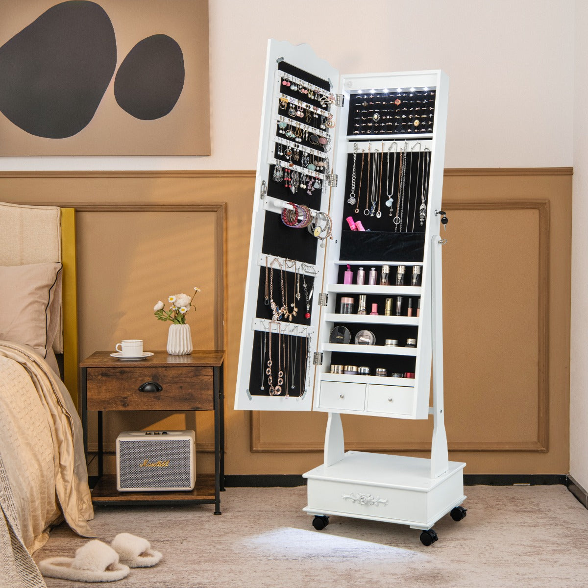 Jewellery Armoire with Full Length Mirror and Built-in LED Lights for Bedroom-White