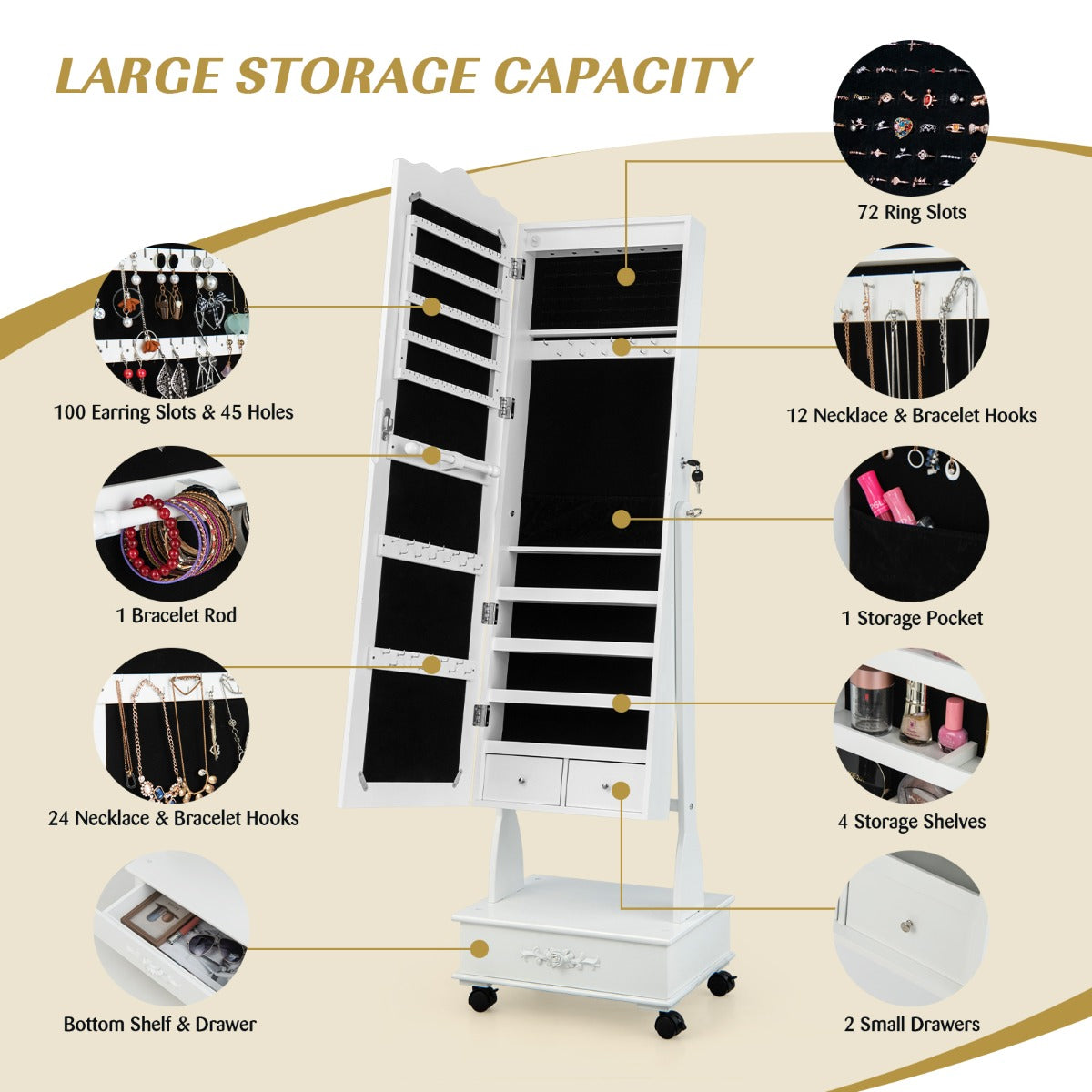Jewellery Armoire with Full Length Mirror and Built-in LED Lights for Bedroom-White