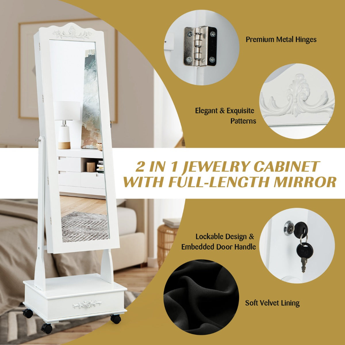 Jewellery Armoire with Full Length Mirror and Built-in LED Lights for Bedroom-White