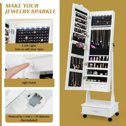 Jewellery Armoire with Full Length Mirror and Built-in LED Lights for Bedroom-White